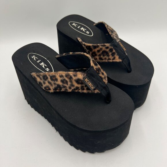 KiKs Shoes - Vintage 90s Y2K KiKs Platform Flip Flop Thong Sandals leopard print woman's size